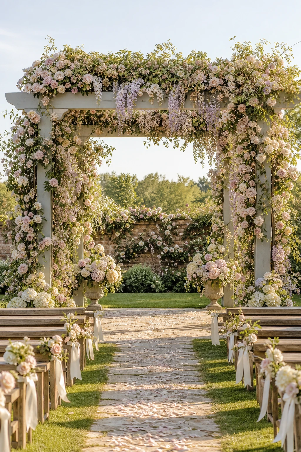 English country garden wedding ceremony beneath a floral pergola draped in roses and wisteria, with Farrow and Ball Mizzle painted timber uprights