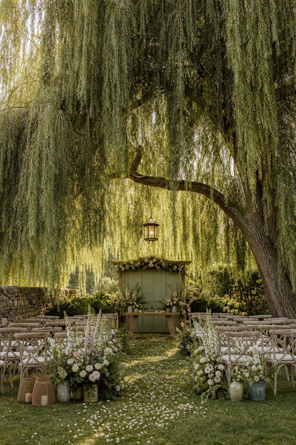 English country garden wedding ceremony beneath a sweeping weeping willow canopy with trailing branches forming a natural arch over a flower lined aisle