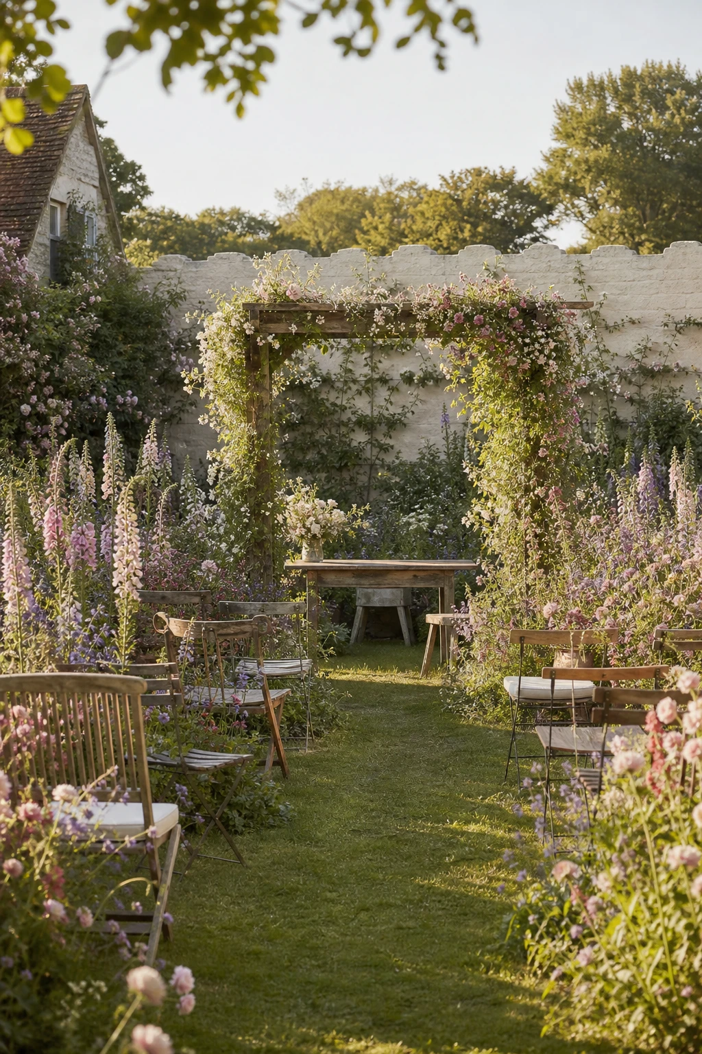 English country garden wedding ceremony set within a lush cottage garden border of roses, foxgloves and lavender in warm afternoon light