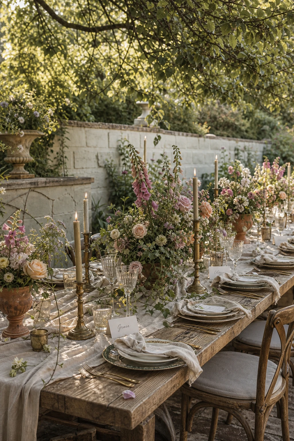 English country garden wedding farm table styled with abundant florals, aged wood, linen runners, candlesticks and terracotta urns in warm afternoon light