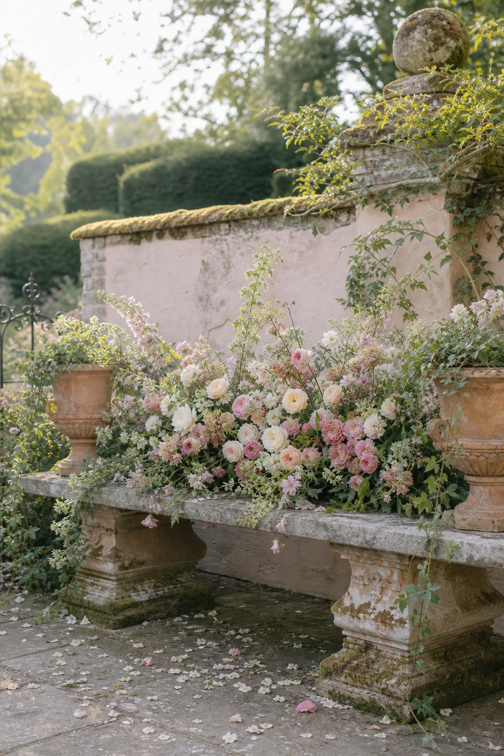 English country garden wedding flower palette with loose gathered blooms in blush, cream and sage against a Farrow & Ball Peignoir painted garden wall