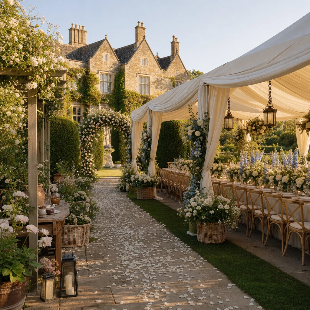 English country garden wedding with honey stone manor, linen marquee, long banquet table, cream and blue floral archway, and warm late afternoon light across a manicured lawn.