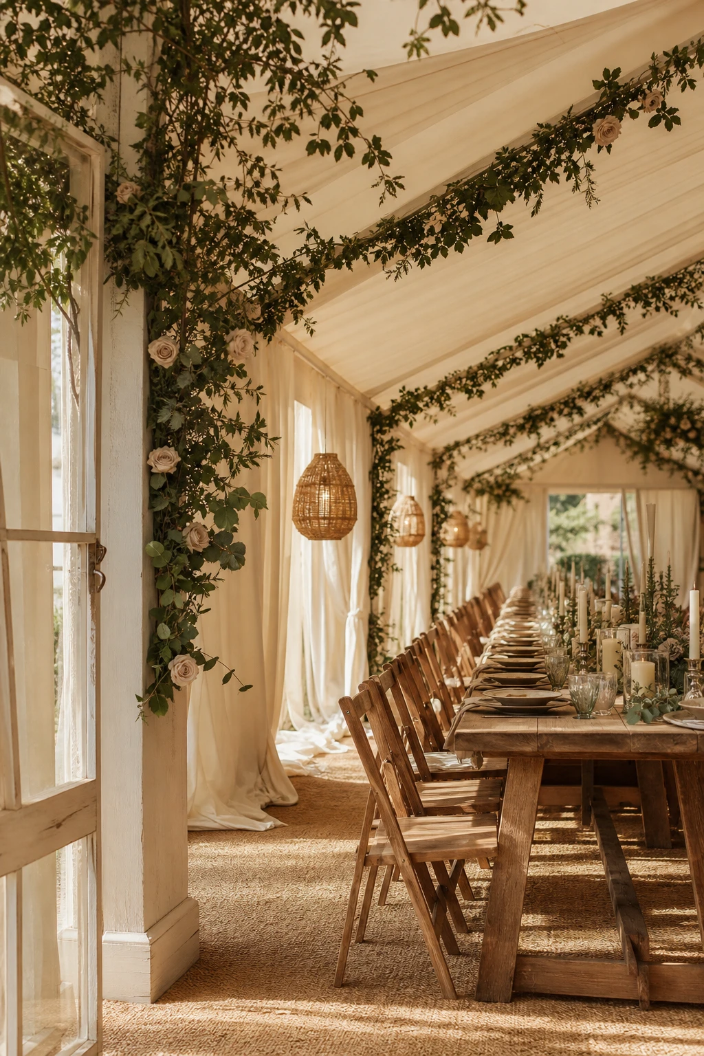 English country garden wedding marquee interior dressed with linen drapes, floral garlands, oak furniture and warm candlelight, walls in Farrow & Ball Clunch paint