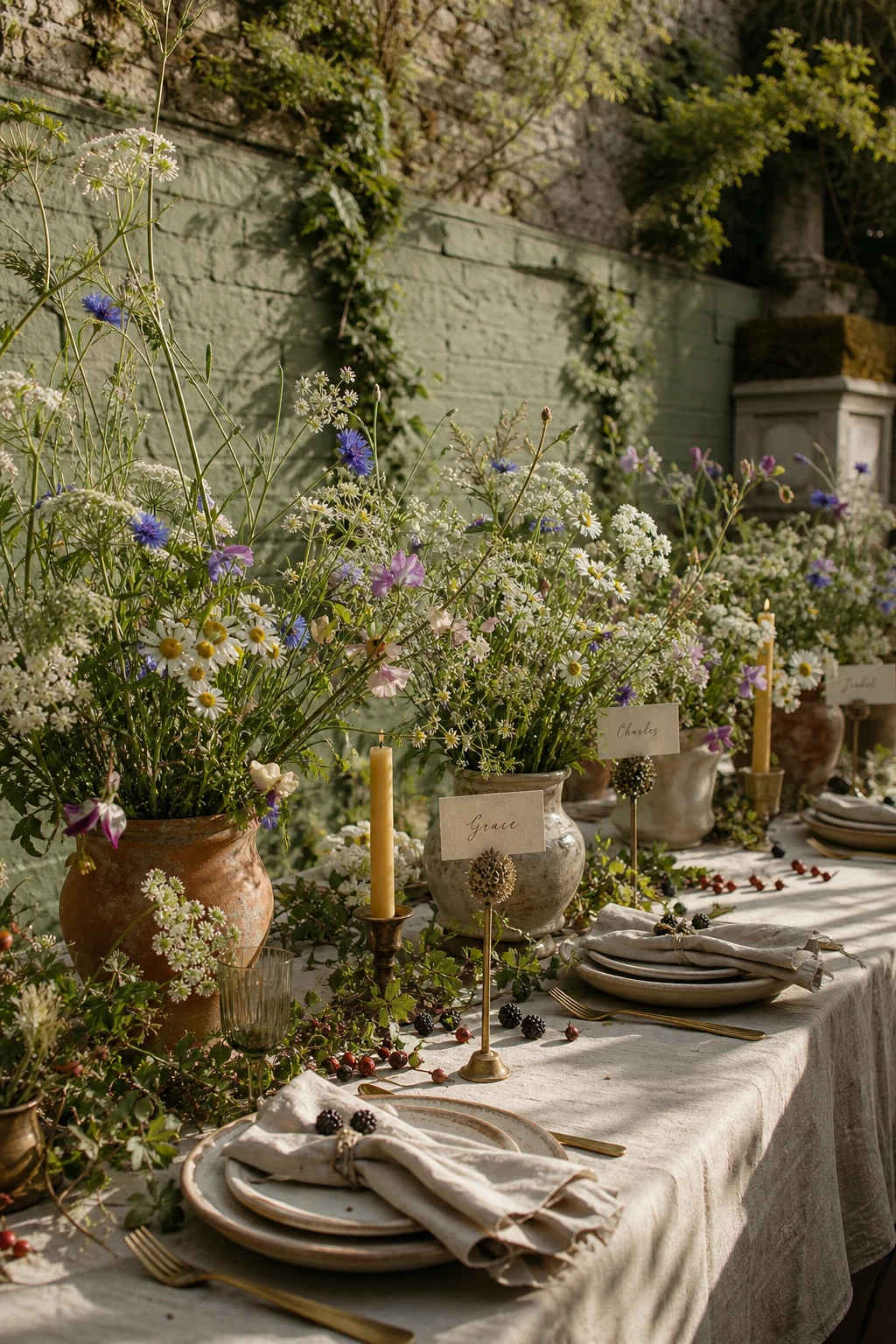 English country garden wedding styled with wildflower arrangements in aged terracotta pots, trailing greenery and meadow blooms against a sage green painted stone wall