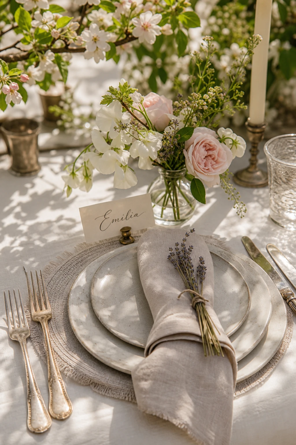 English country garden wedding table closeup with layered place settings, aged ceramic plates, linen napkins and small floral posies in warm afternoon light