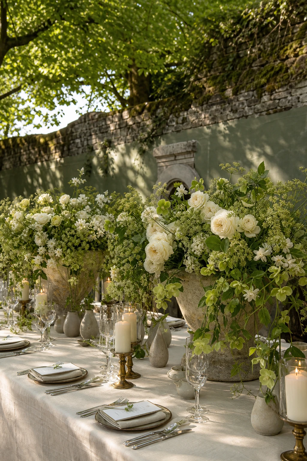 English country garden wedding table dressed with cream and green floral arrangements in stone urns, soft natural light, Vert de Terre painted garden wall behind