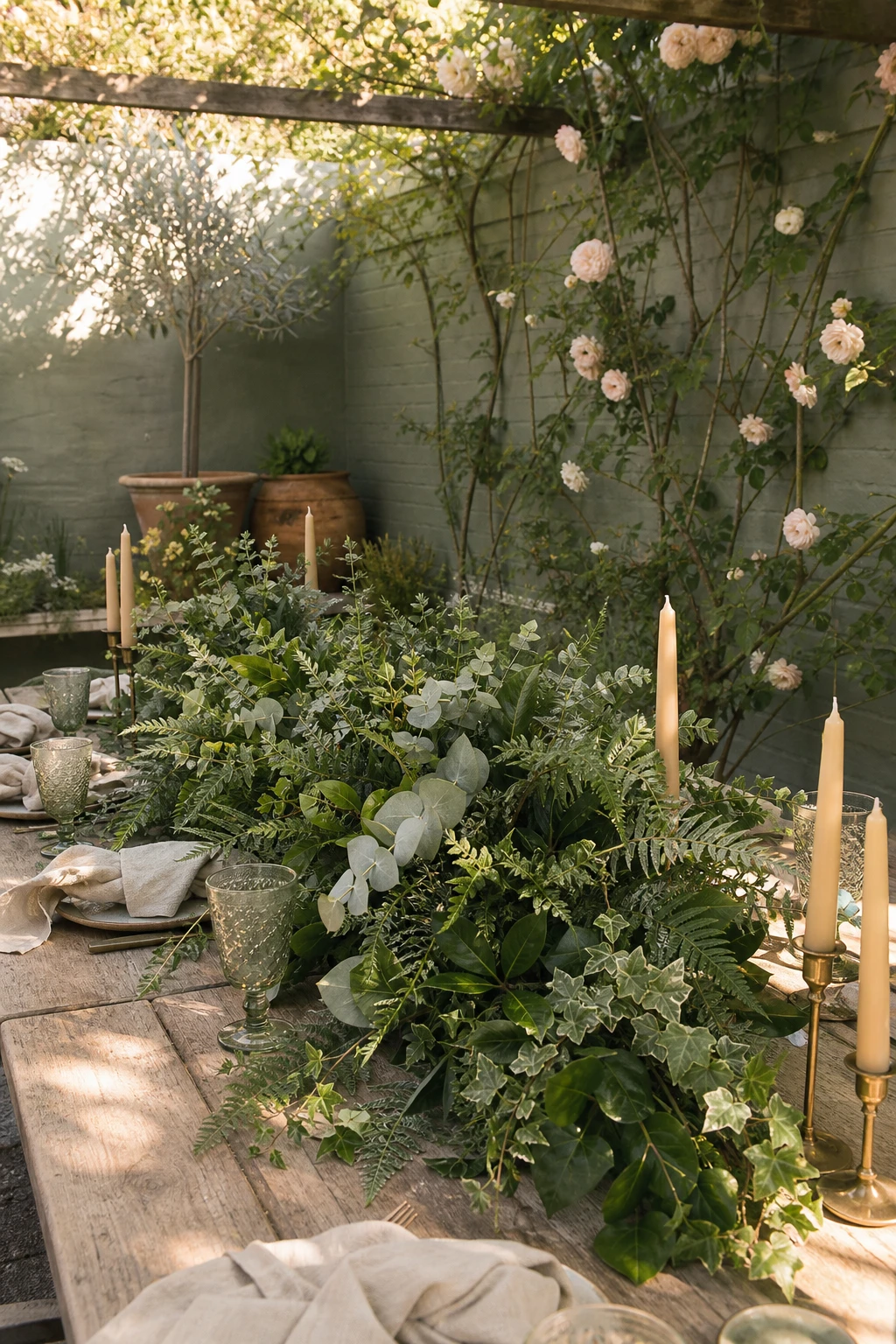 English country garden wedding table styled with an all foliage display of layered greenery trailing across a linen cloth under soft morning light