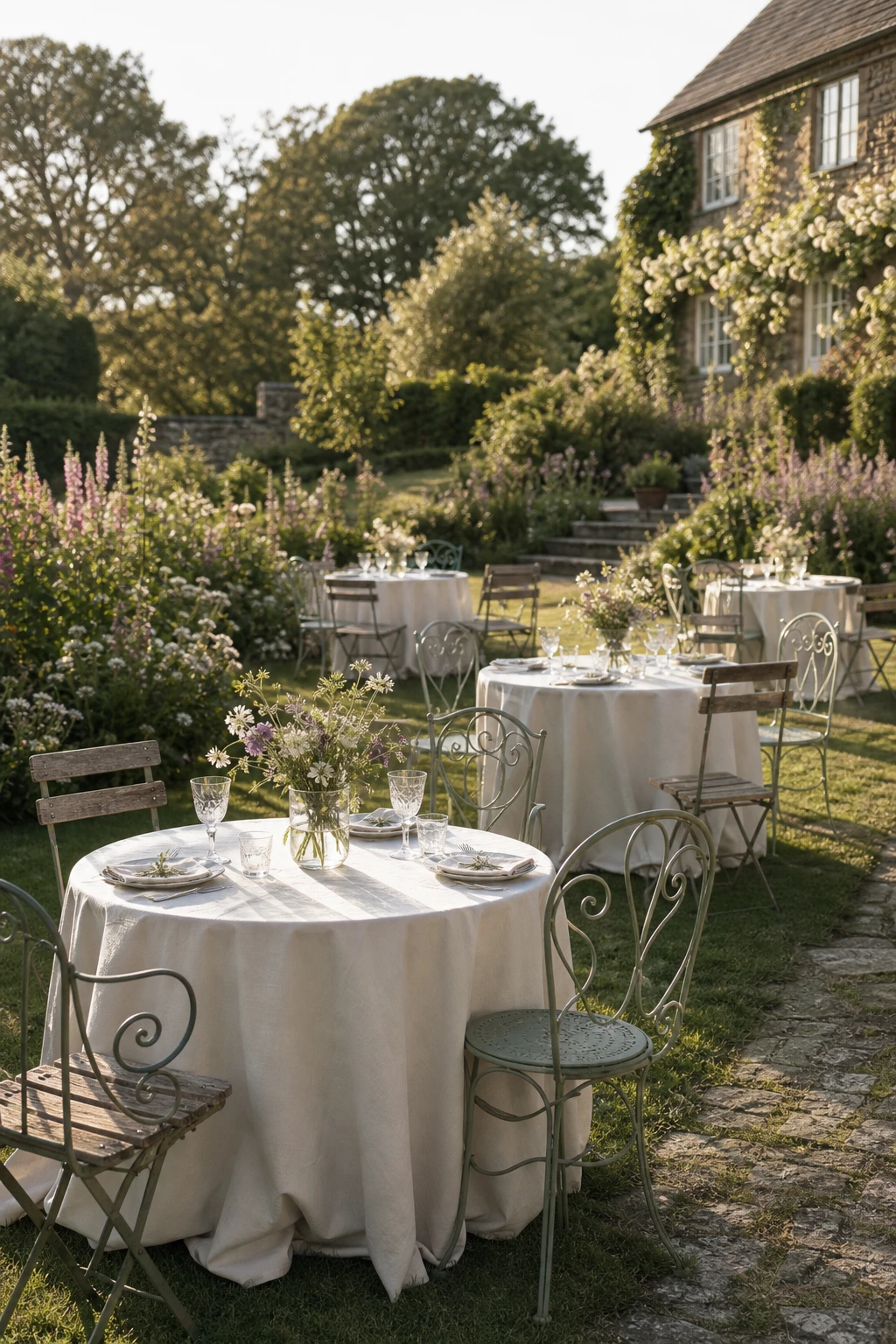 English country garden wedding with bistro table groupings scattered across a lawn, mismatched chairs, linen tablecloths, flowering borders and warm afternoon light