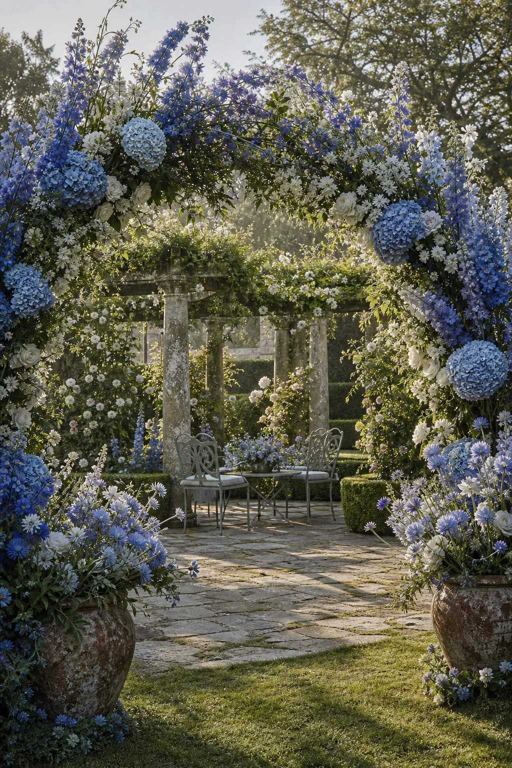 English country garden wedding with French blue florals as the hero, featuring lush greenery, stone urns, a pergola, and Farrow and Ball Parma Gray painted garden furniture