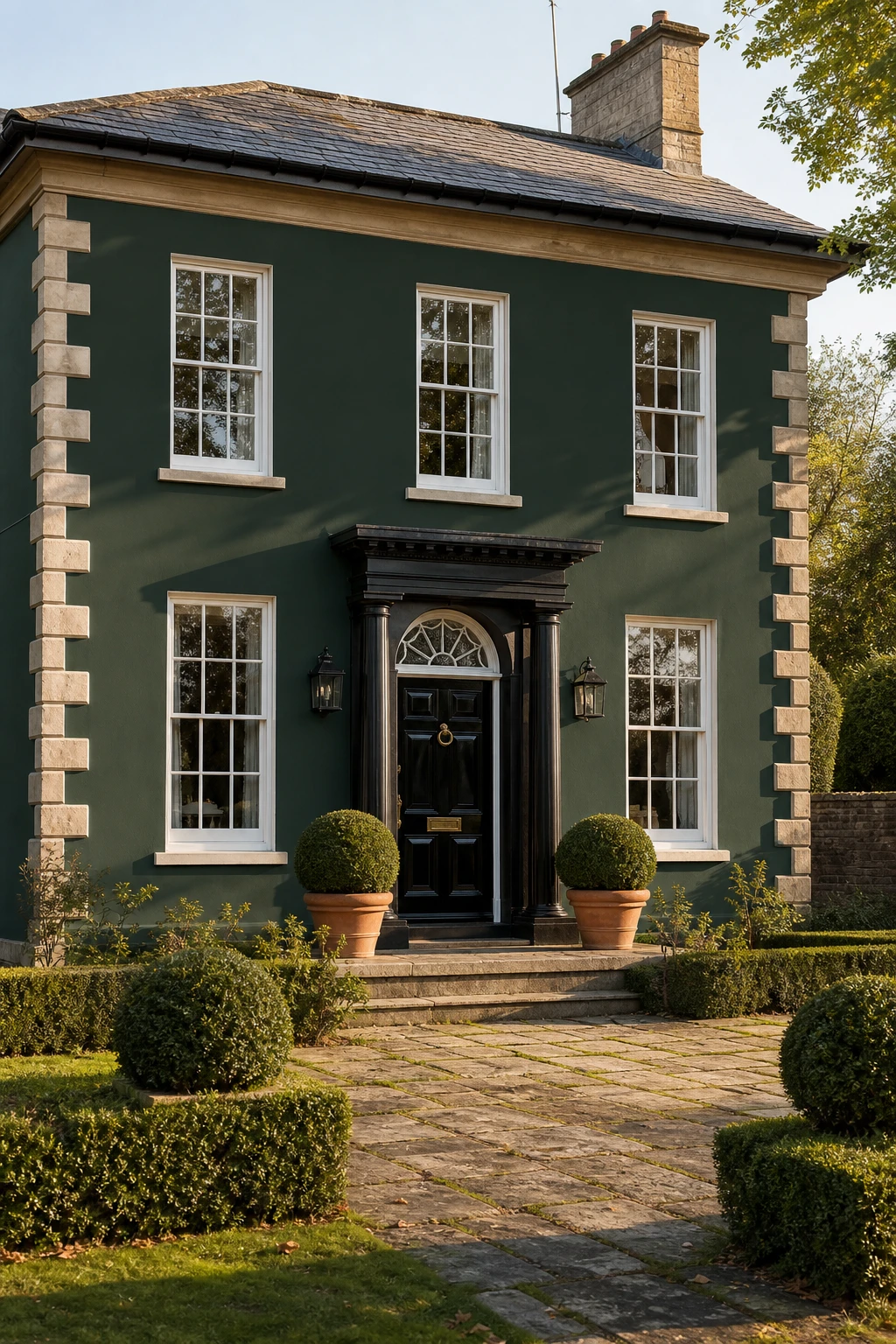 English country house exterior painted in deep hunter green with black ironwork front door, sash windows, stone quoins and clipped boxwood hedging in soft afternoon light