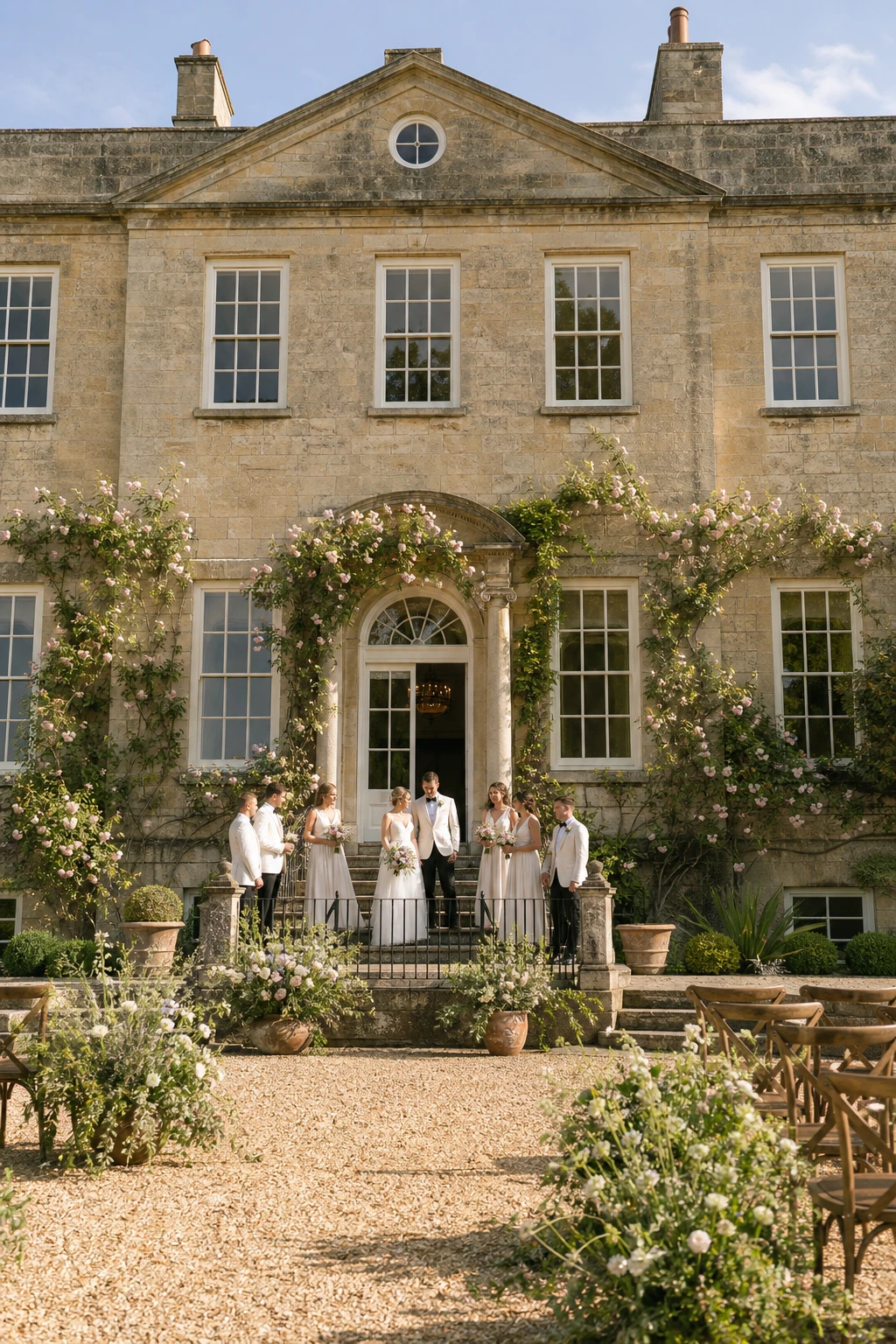 English country house wedding backdrop with stone facade, climbing roses, sash windows and bridal party on a sunlit gravel terrace