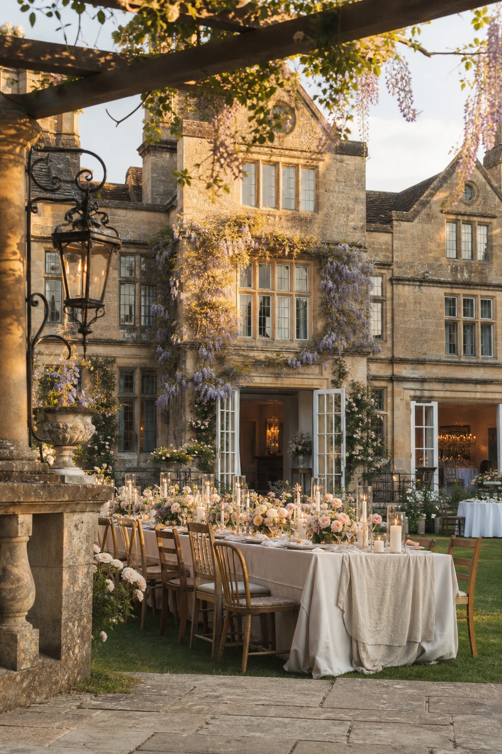 English country manor wedding scene with stone facade draped in climbing roses, warm neutral walls, linen tablecloths, and candlelit reception under a wisteria pergola