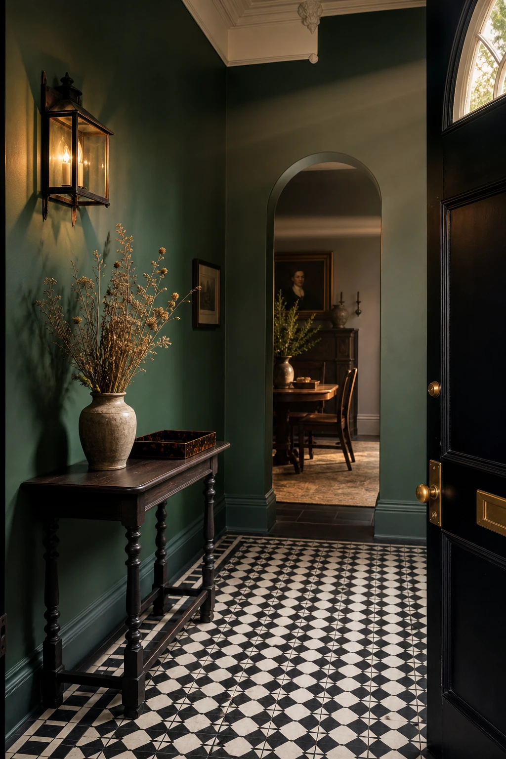 English entrance hall painted in Farrow and Ball Card Room Green with a black and white tiled floor, console table, wall lantern and arched doorway beyond
