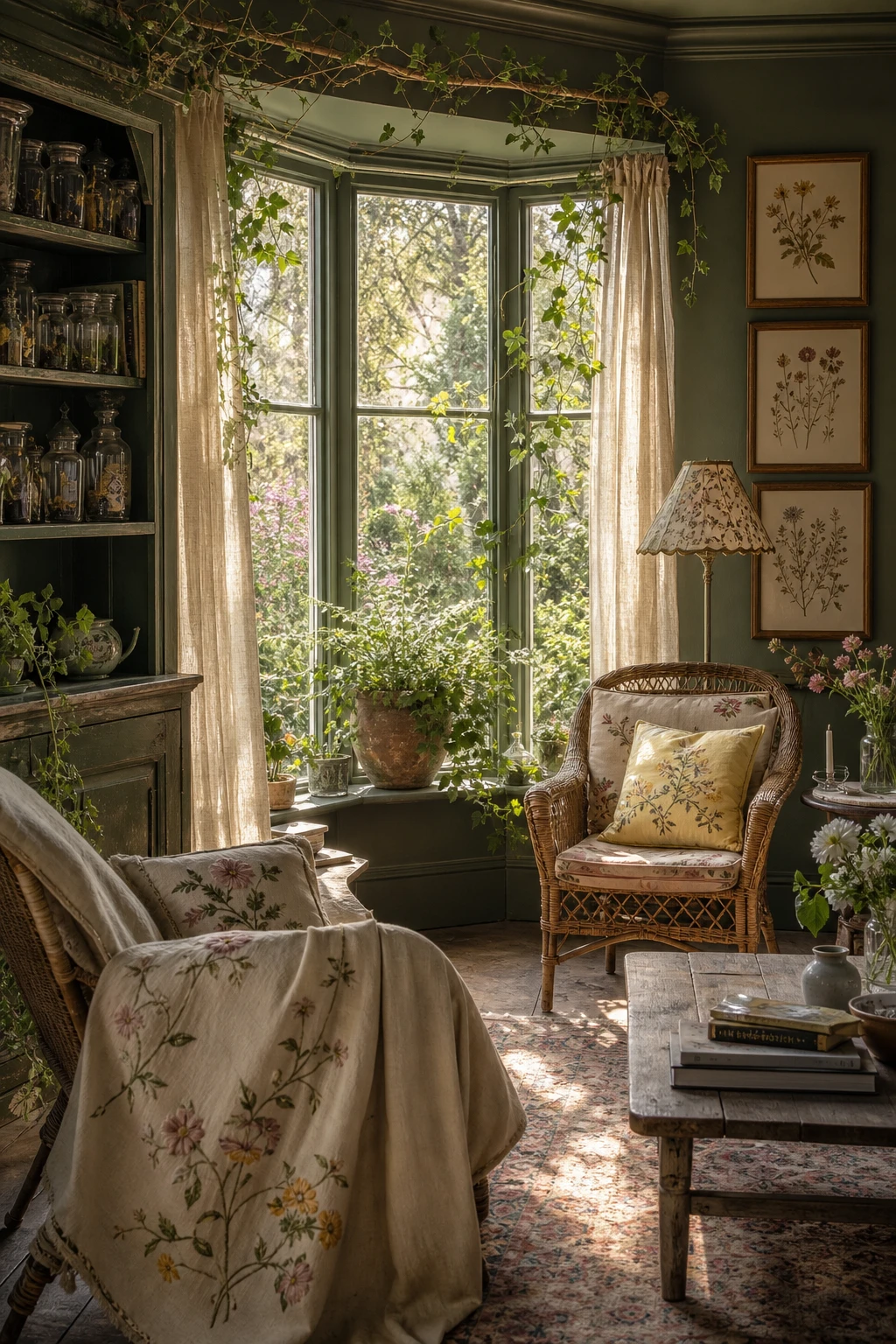 English garden inspired interior with Farrow and Ball Calke Green walls, floral linen curtains, rattan furniture, and botanical artwork in soft natural light