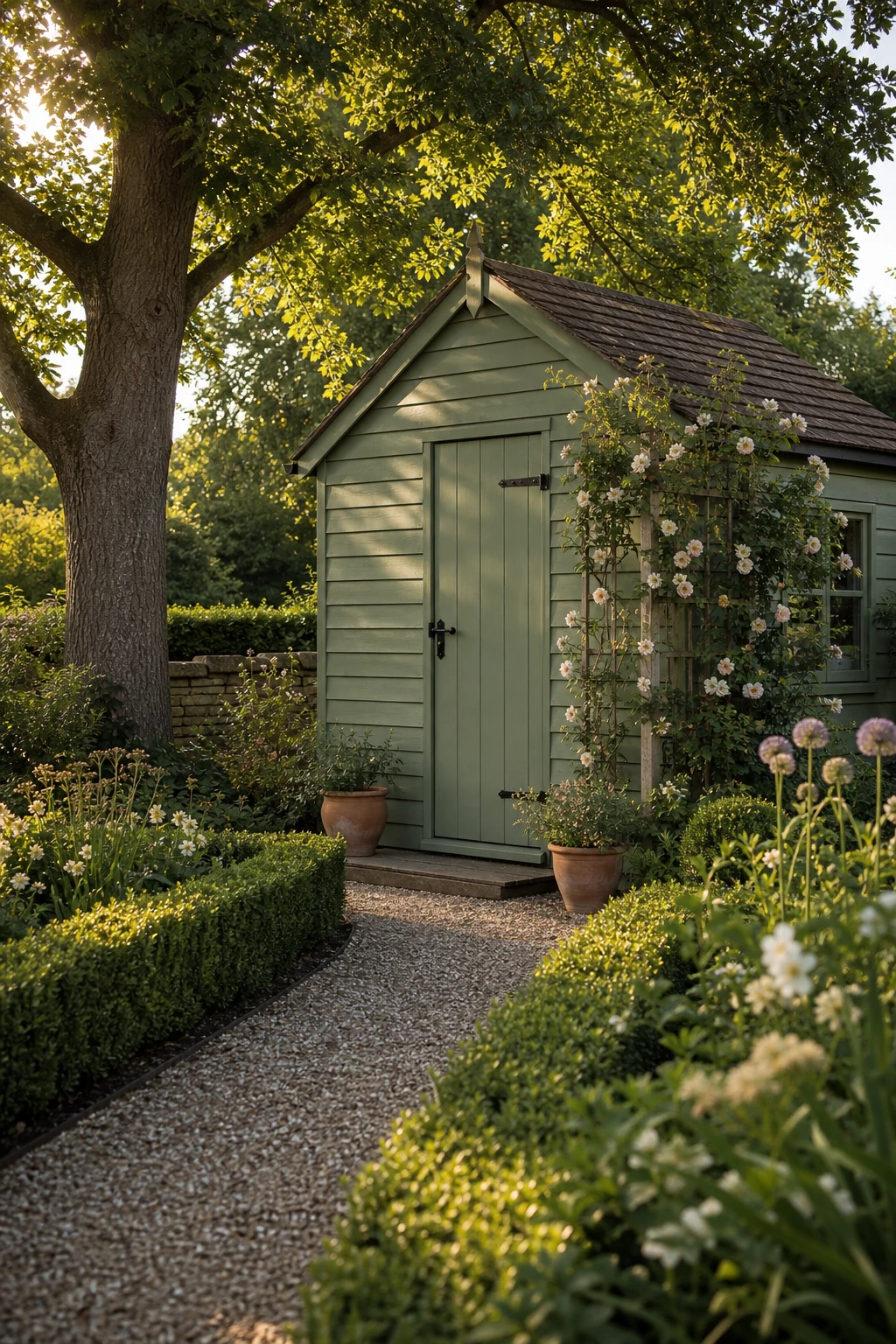 English garden shed painted Farrow & Ball Cooking Apple Green nestled among climbing roses and box hedging, afternoon light filtering through mature trees