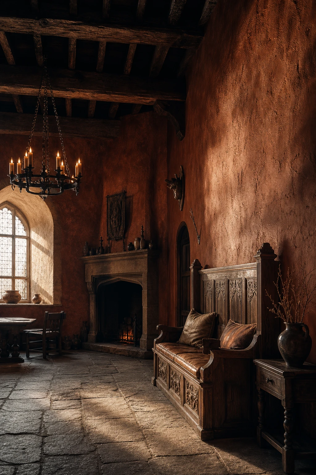 English great hall interior with medieval earthiness as hero, ochre plastered walls in Farrow and Ball Red Earth, flagstone floor, iron chandelier and carved oak settle