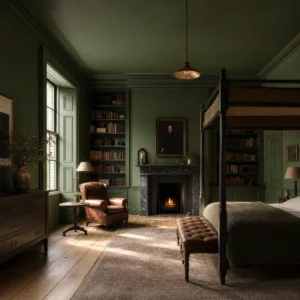 English green painted interior with fully drenched walls, ceiling, and panelled dado, a cast iron fireplace, floor to ceiling bookshelves, and warm late afternoon sash window light.
