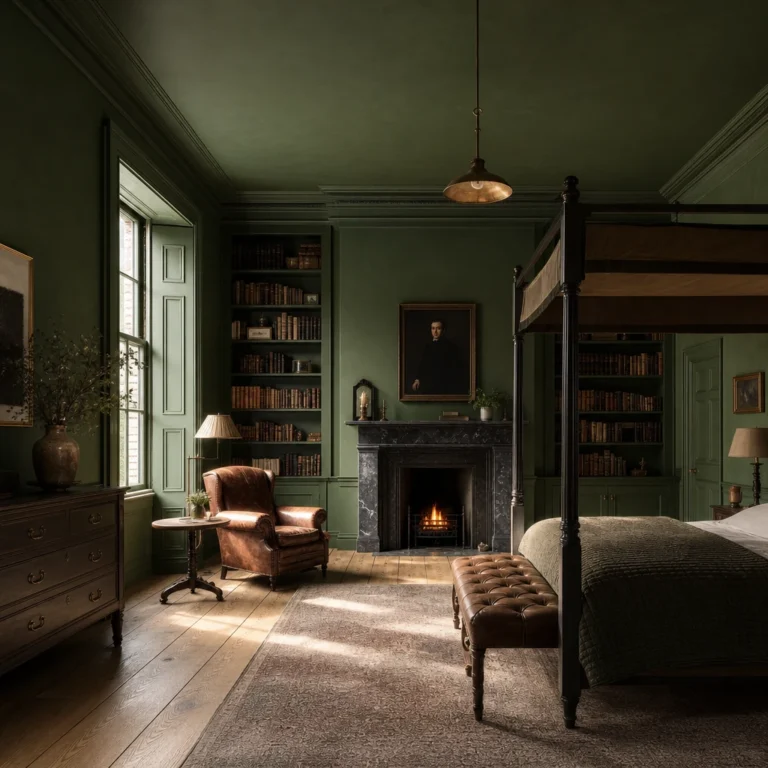 English green painted interior with fully drenched walls, ceiling, and panelled dado, a cast iron fireplace, floor to ceiling bookshelves, and warm late afternoon sash window light.