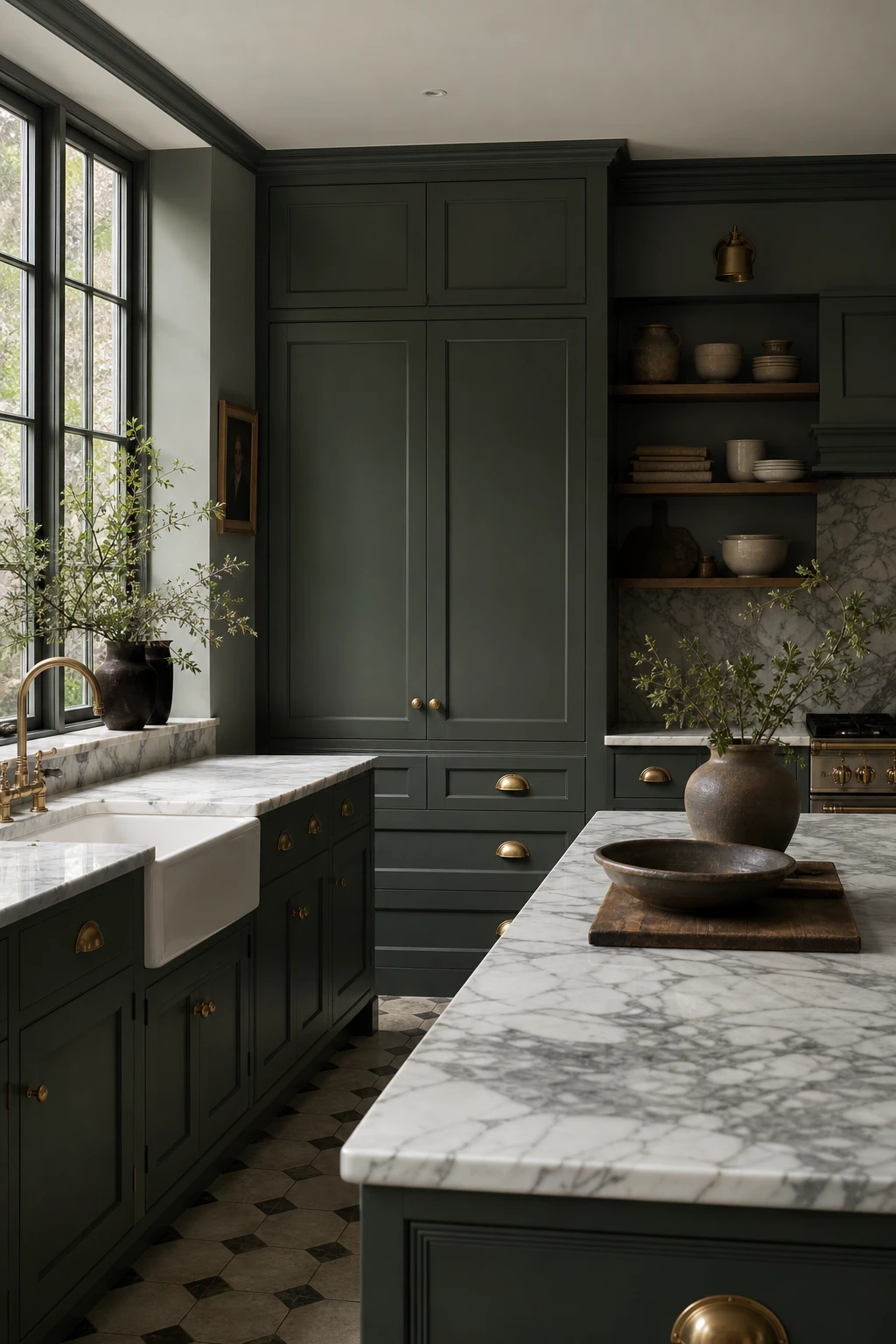 English green paint color kitchen with dark green cabinets and white marble worktops, brass hardware, and natural light from a casement window