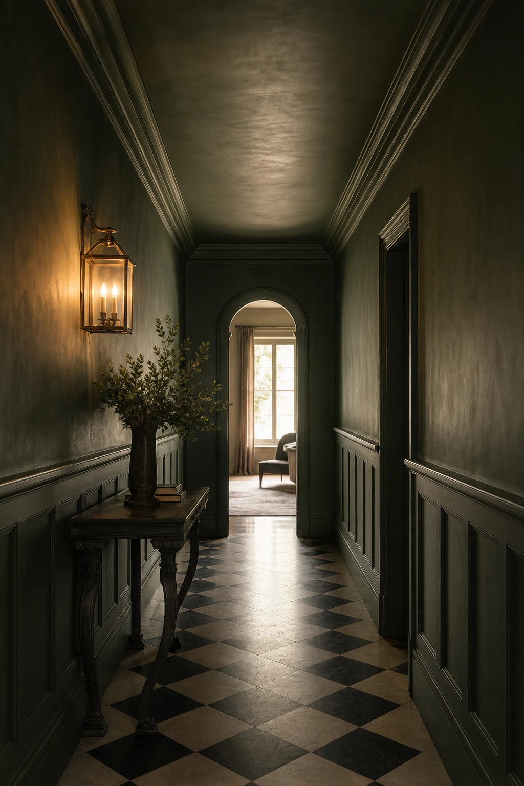 English hallway drenched floor to ceiling in Farrow & Ball Minster Green paint with panelled walls, brass lantern, and chequered stone floor