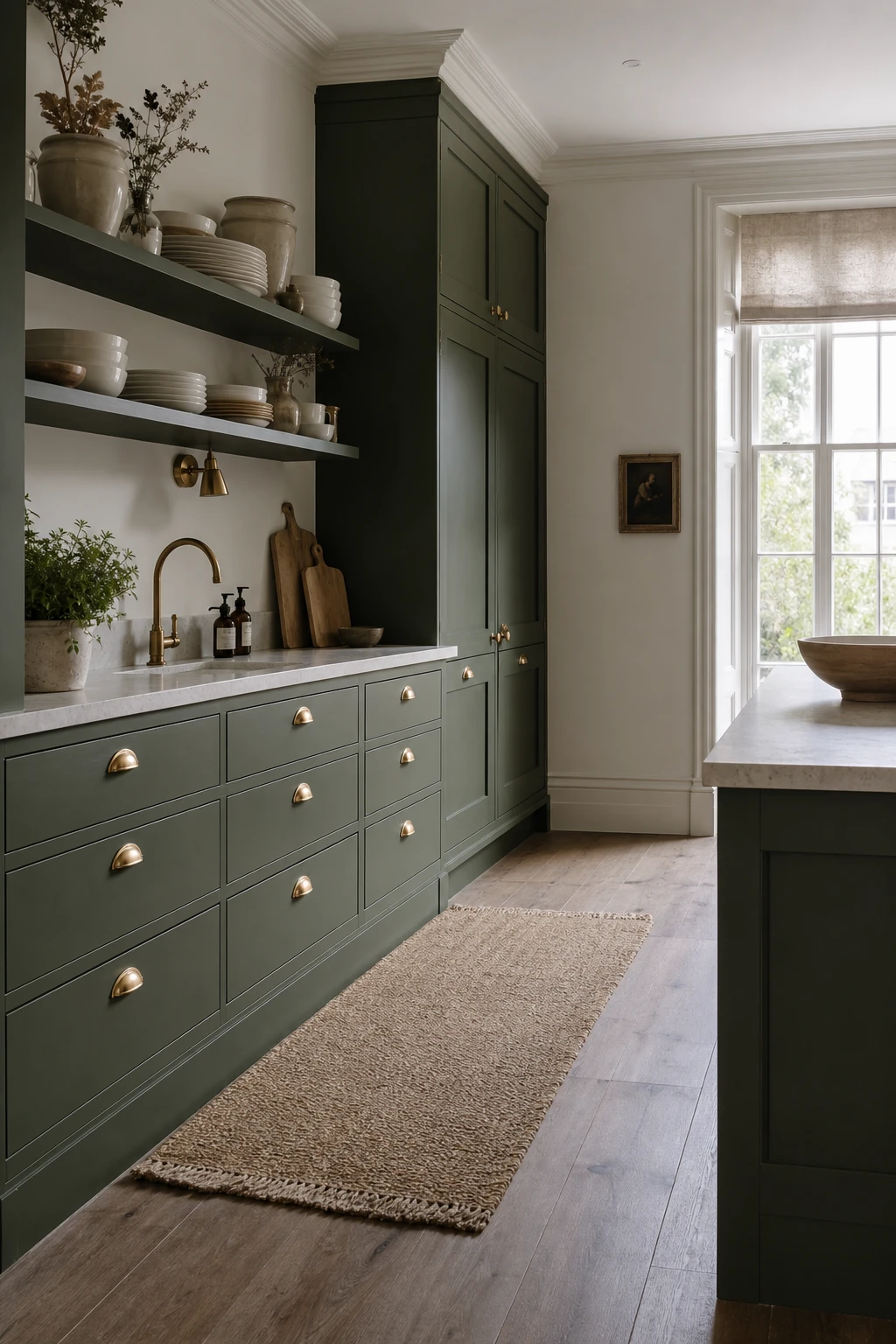 English kitchen with Farrow and Ball Bancha painted cabinets, brass hardware, stone countertops, and natural light from a tall sash window