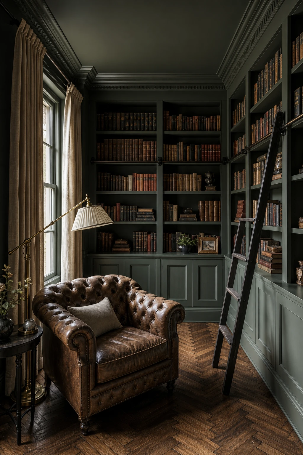 English library drenched in deep green paint with built in bookshelves, brass reading lamp, leather armchair, and herringbone parquet floor