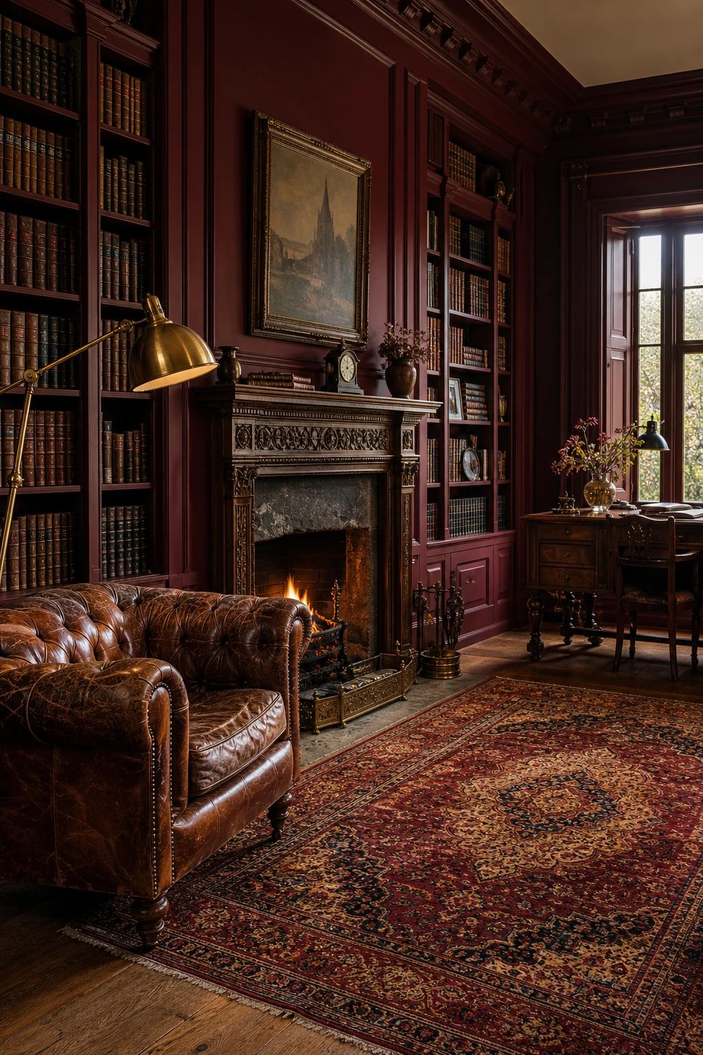 English library with deep jewel tone walls, warm wood bookshelves, leather armchair, brass reading lamp and Farrow & Ball Eating Room Red paint on panelled walls