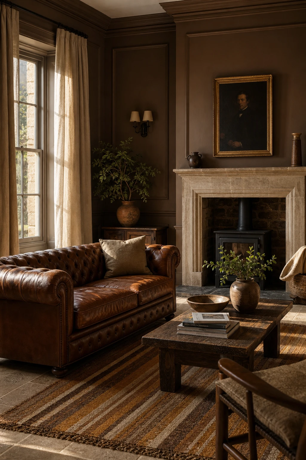 English sitting room with an earthy Old English color palette featuring warm soil, stone and bark tones on walls, furnishings and natural textile layers