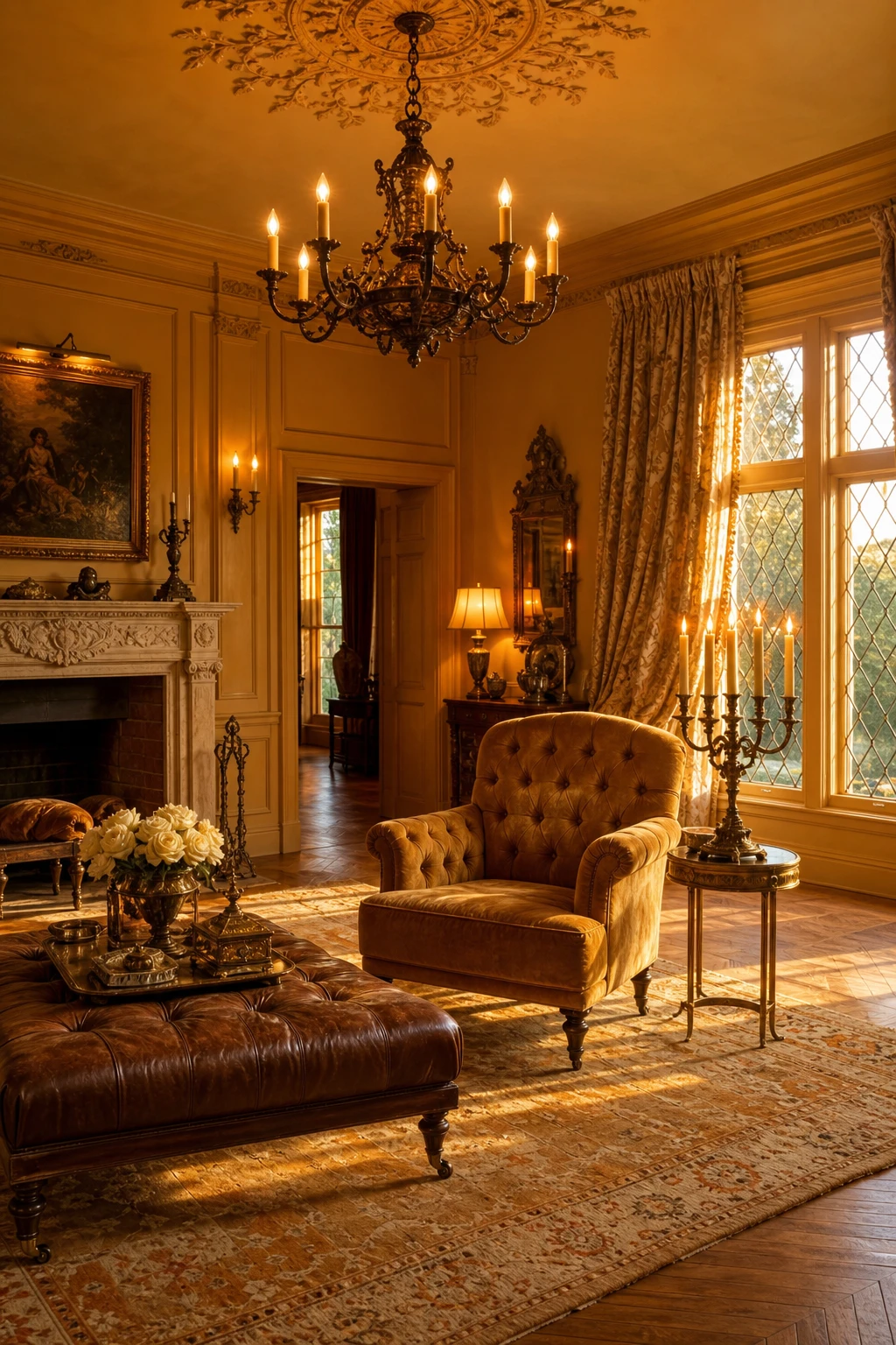 English sitting room with antique gold as the hero, India Yellow walls, carved mantelpiece, brass candlesticks, velvet armchair and leaded casement windows in evening light