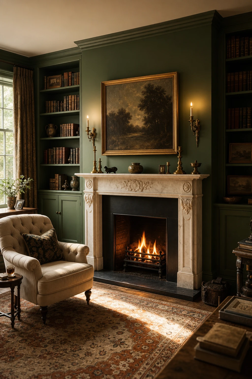 English sitting room with deep green fireplace surround as hero, carved marble mantel, brass fire tools, built in alcove shelving, and warm candlelight against Carriage Green walls