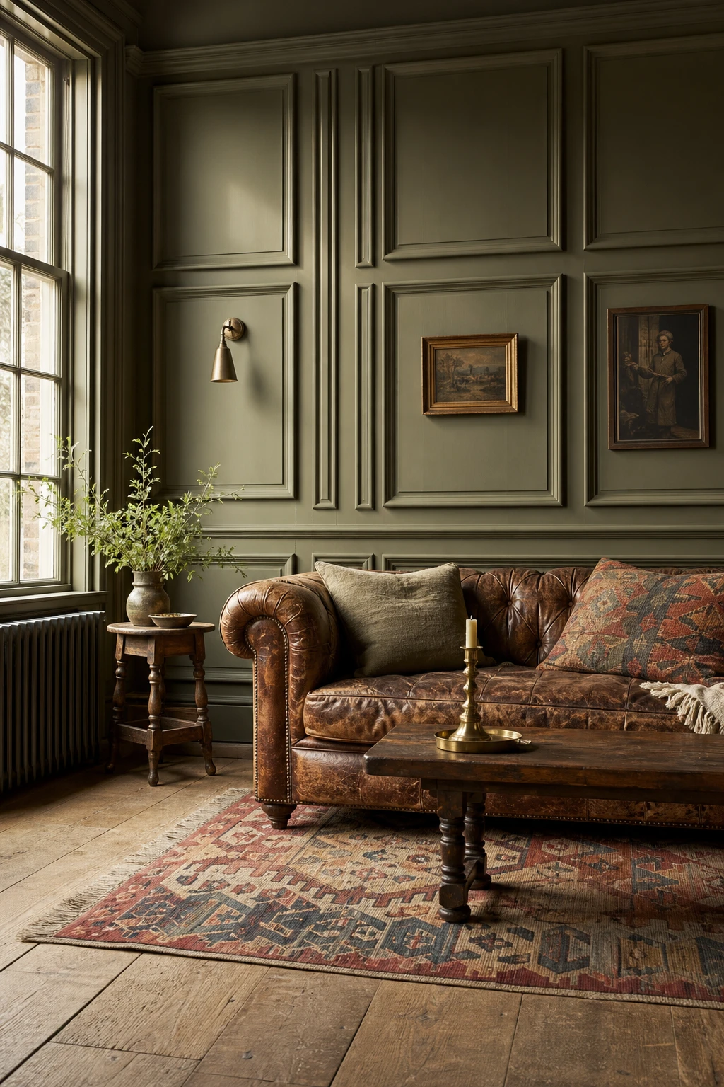 English sitting room with deep olive green panelled wall painted in Farrow & Ball Olive, framed by warm afternoon light and rich wood accents