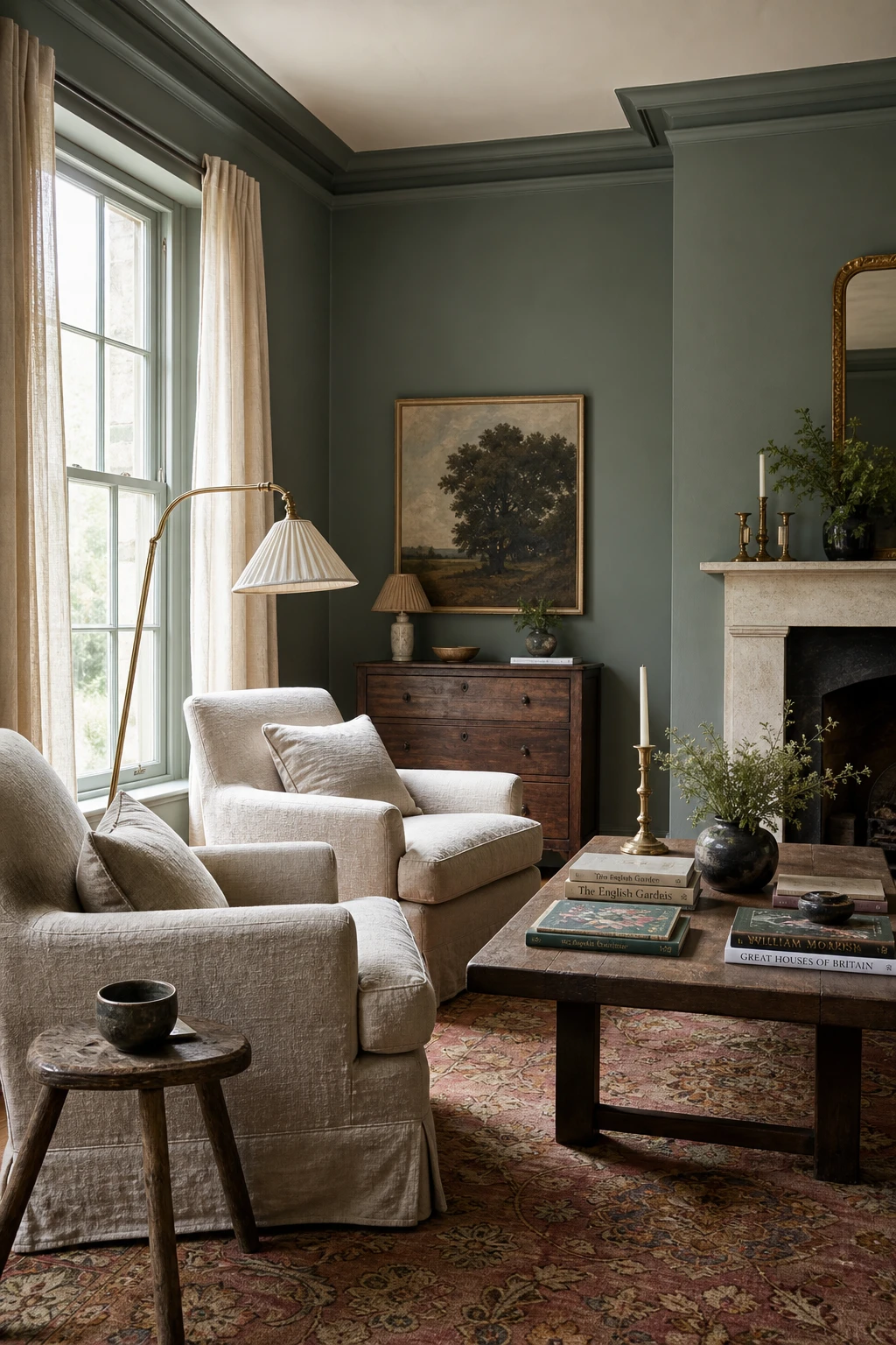 English sitting room with Farrow and Ball Arsenic painted walls blending sage and teal tones, featuring linen armchairs, brass fittings, and oak flooring in soft afternoon light