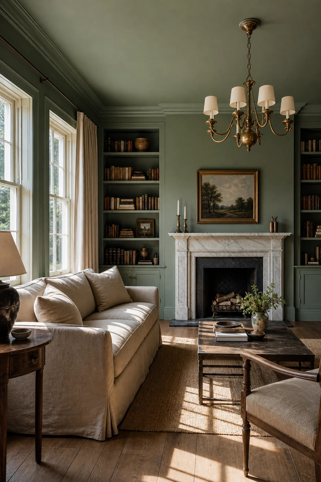 English sitting room with Farrow and Ball Treron painted ceiling lowering the space, deep green walls, brass chandelier, linen sofa and aged oak floor