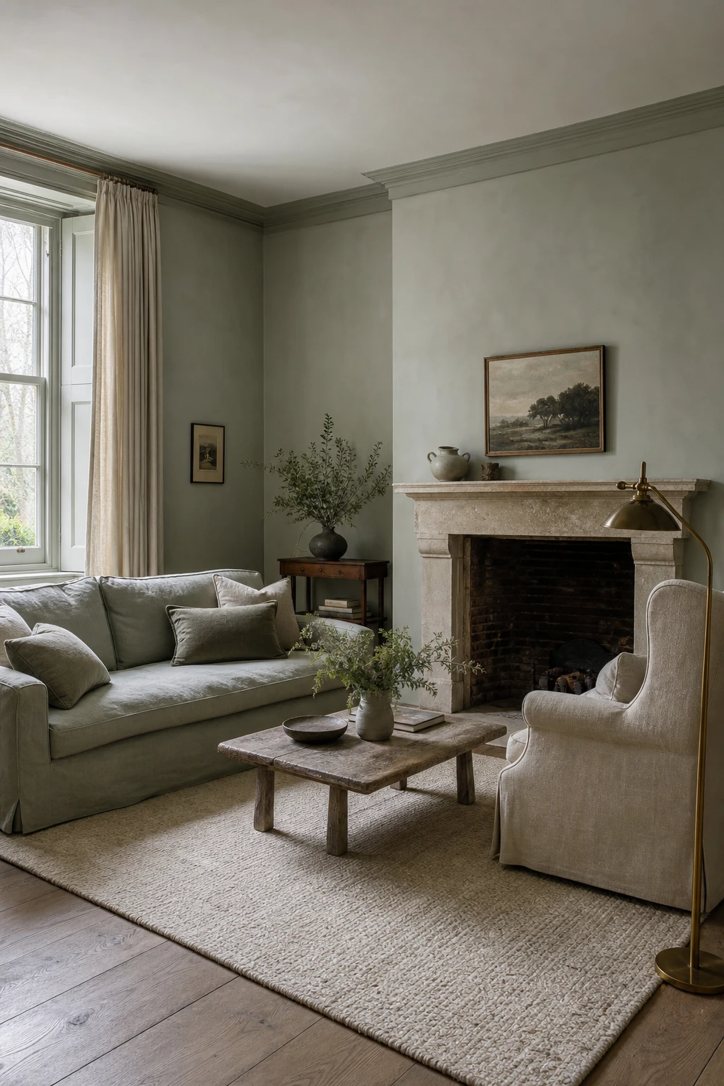 English sitting room with Farrow & Ball Ash Grey walls, muted sage linen sofa, aged brass lamp, stone hearth and wide plank oak floor in soft morning light