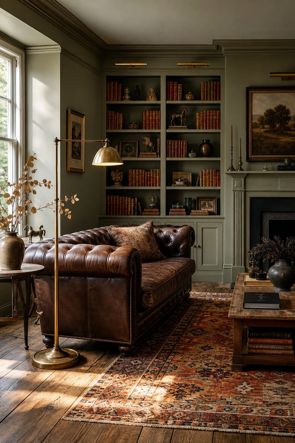 English sitting room with Old English color palette featuring brown and bronze as hero tones, Farrow and Ball Cardamom walls, aged bronze fixtures and earthy textile layers