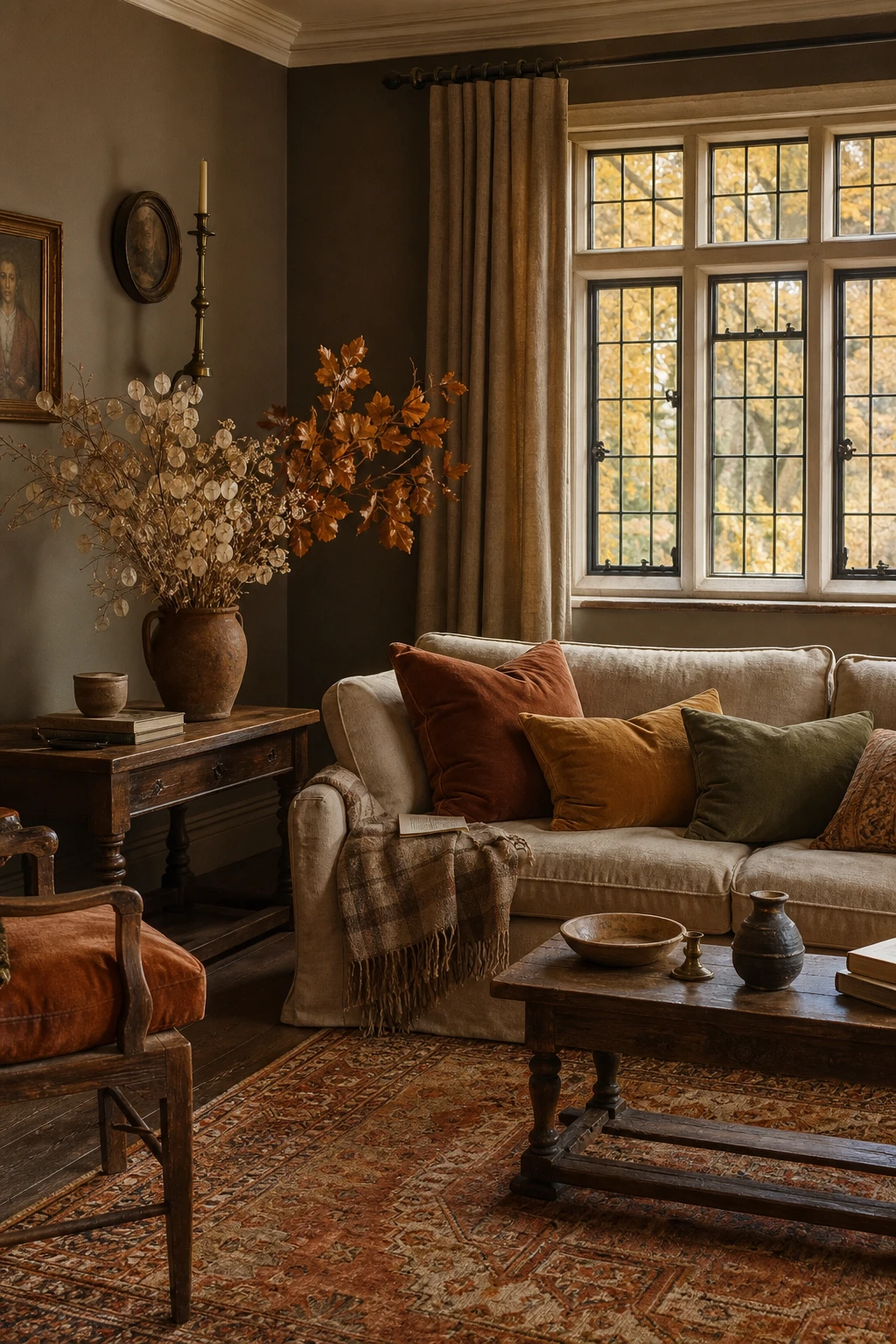 English sitting room with Old English color palette featuring muted autumn tones, warm ochre and russet textiles, aged oak furniture, and Farrow & Ball Drab painted walls