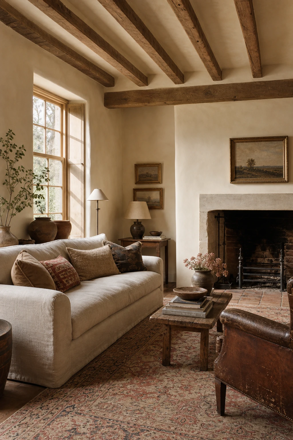 English sitting room with parchment tone walls in Farrow and Ball String paint, aged linen upholstery, oak beams, sash windows and antique rug