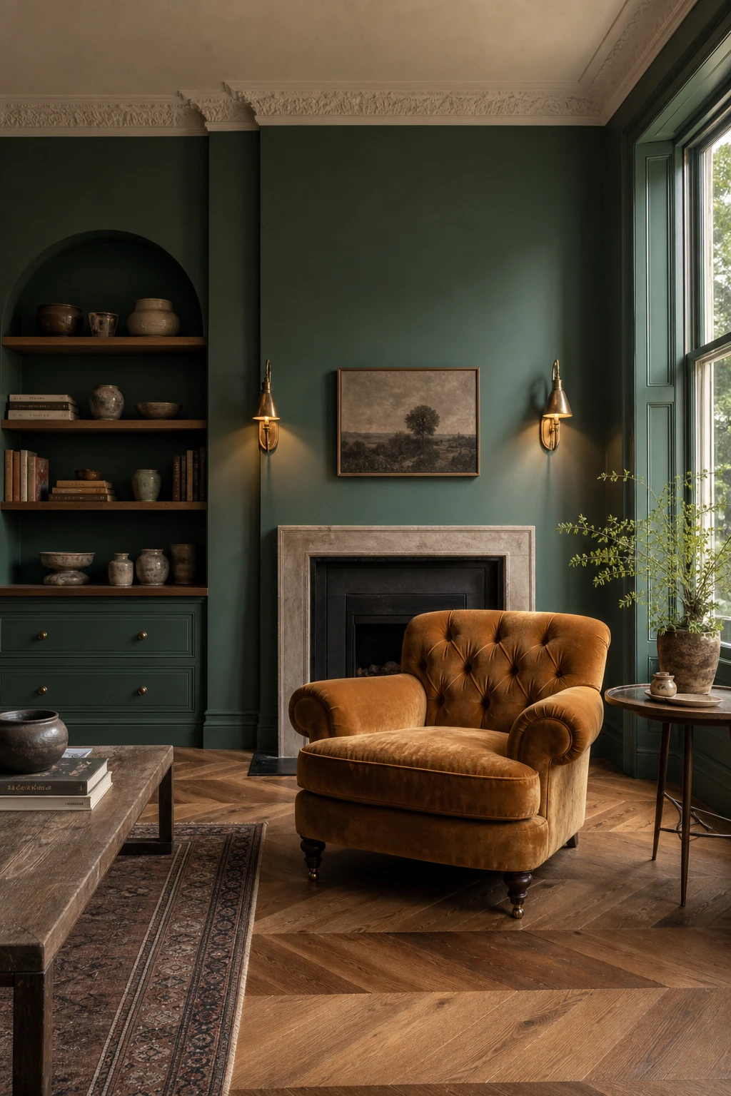 English sitting room with teal green walls in Farrow and Ball Acid Drop paint, featuring velvet armchair, brass wall sconce, herringbone floor and arched alcove shelving