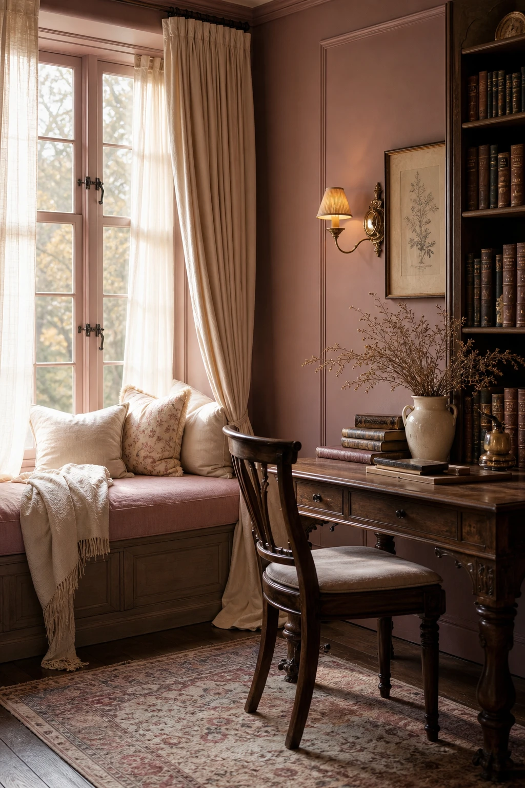 English study nook with soft academia mood, dusty rose walls in Farrow and Ball Peignoir, warm cream linen drapes, aged brass reading lamp and stacked leather books