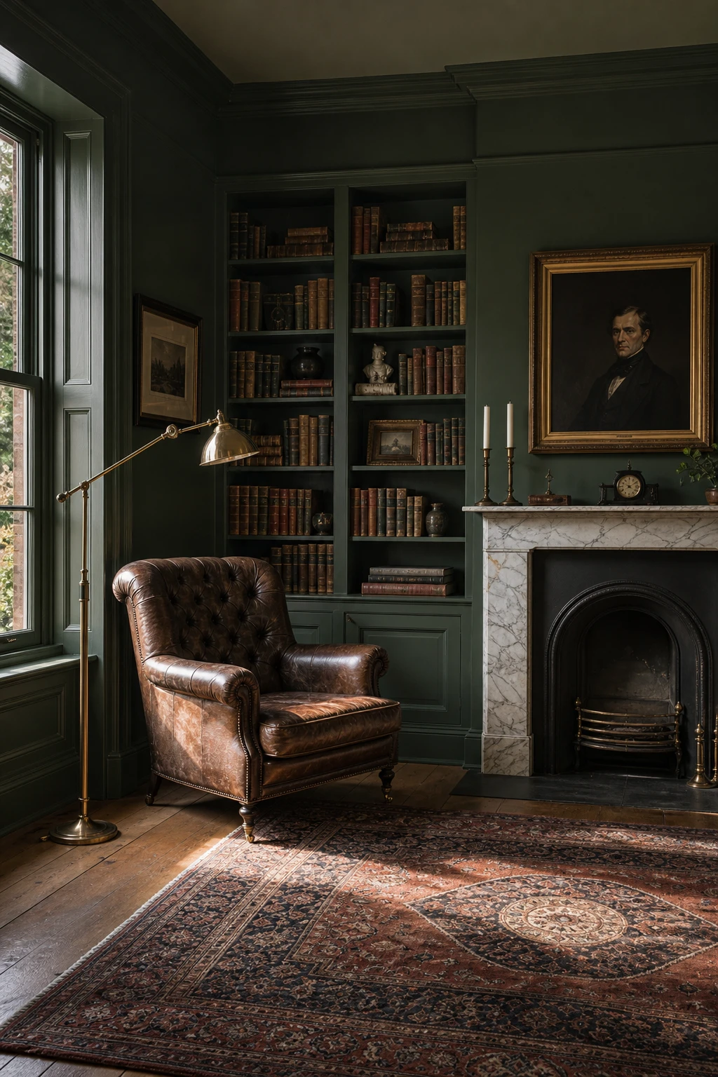 English study painted in Farrow and Ball Card Room Green with brass library lamp, leather armchair, built in bookshelves and tall sash window in afternoon light