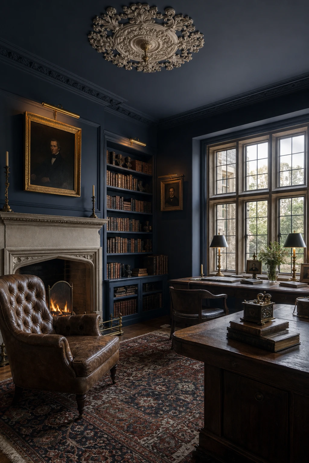 English study with Farrow and Ball Hague Blue dark rich walls, built in bookshelves, brass picture lights, aged leather armchair and ornate plaster ceiling medallion