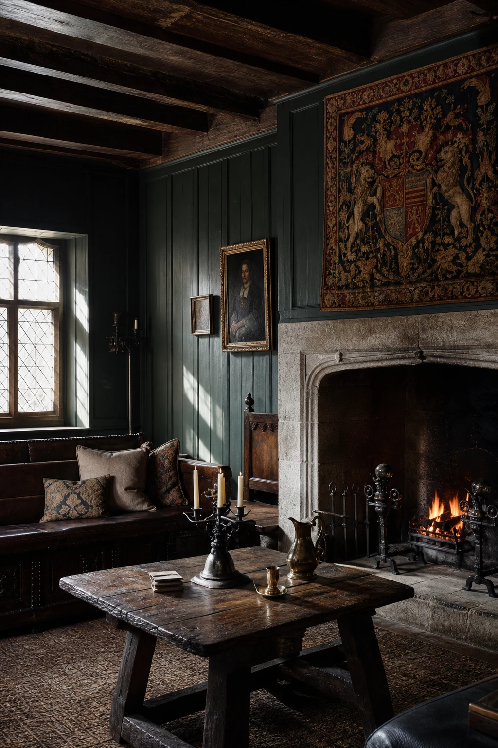 English Tudor sitting room with near black Studio Green panelling, leaded windows, carved oak beams, stone fireplace and candlelight creating historic layered shadow.