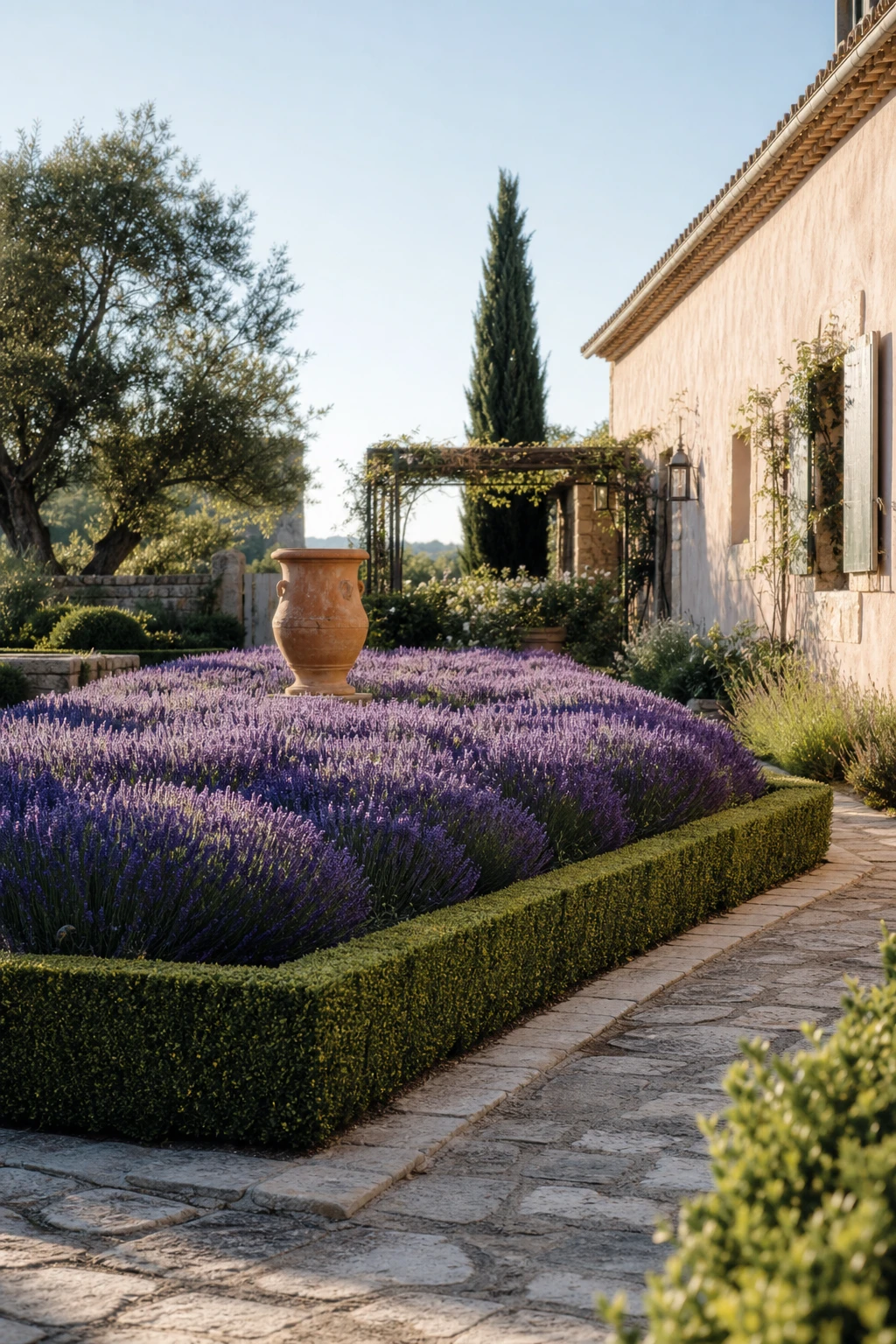 Formal lavender bed edged with a low clipped boxwood hedge in a French Provence garden landscape, soft morning light, stone path border