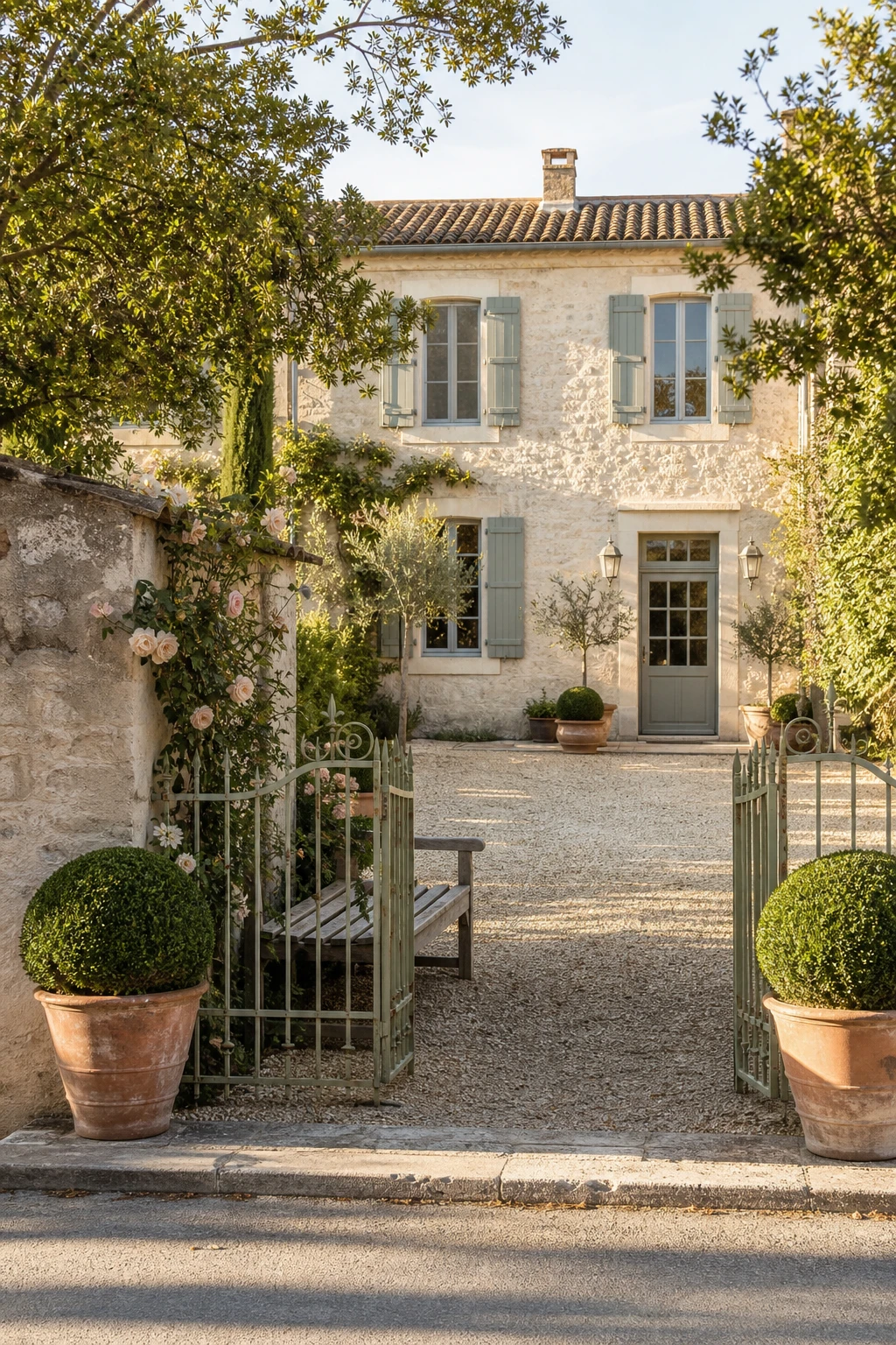 French country front yard patio entry with gravel courtyard, clipped box hedges, a timber bench, and Farrow and Ball Lichen painted gate framed by climbing roses
