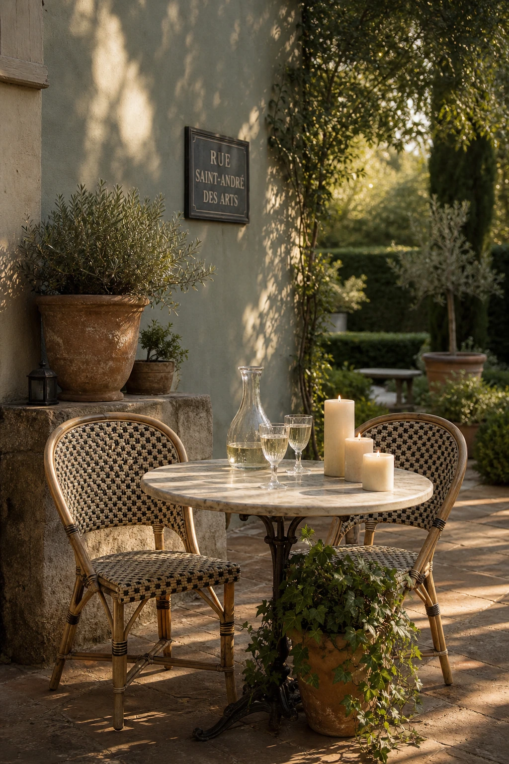 French country garden patio corner with a bistro table setting, two rattan chairs, candles, a glass carafe, and a trailing plant against a sage green wall