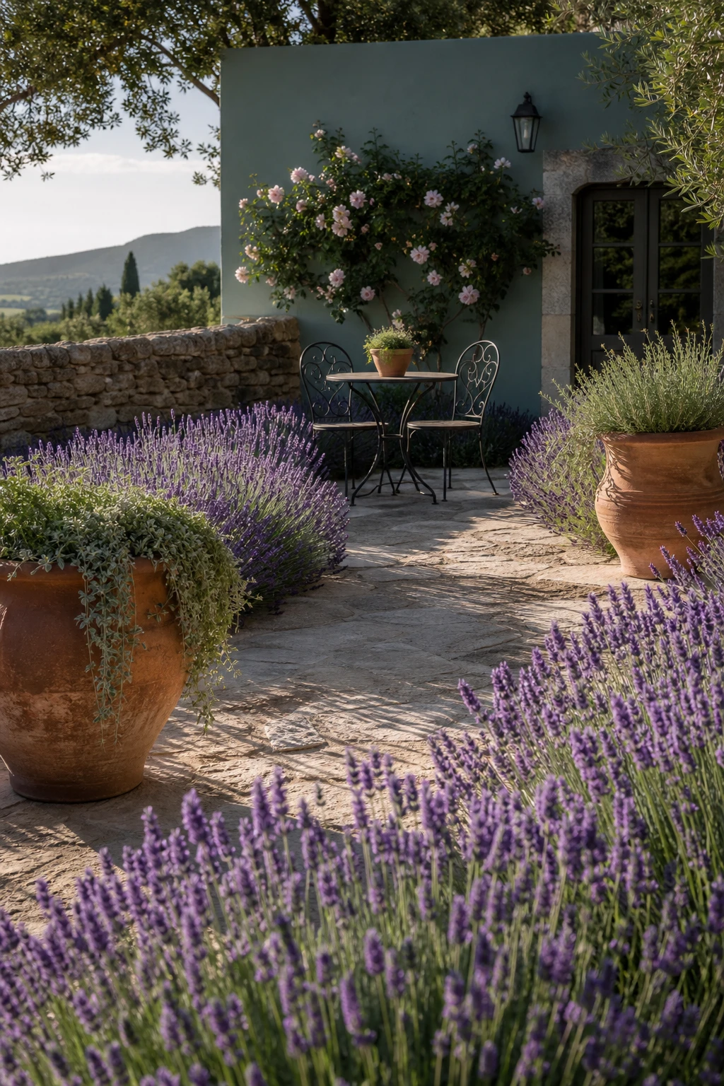 French country garden patio edged with generous lavender borders in full purple bloom, stone paving, aged terracotta urns, and a wrought iron bistro set in afternoon sun