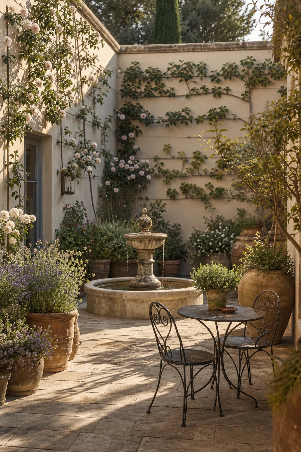 French Country Garden Patio enclosed courtyard with climbing roses, central stone fountain, terracotta pots and warm white rendered walls in afternoon sun