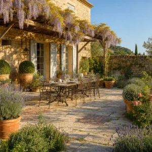 French country garden patio with reclaimed limestone and terracotta tile floor, wisteria draped timber pergola, wrought iron dining table, terracotta pots of lavender, and rough stone farmhouse facade in warm late afternoon light.