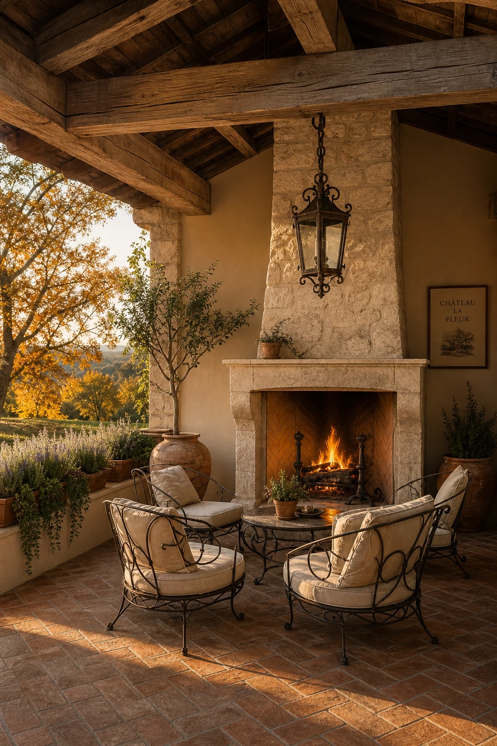 French Country garden patio with a covered outdoor fireplace as the hero, stone surround, timber roof, wrought iron furniture, and warm evening light