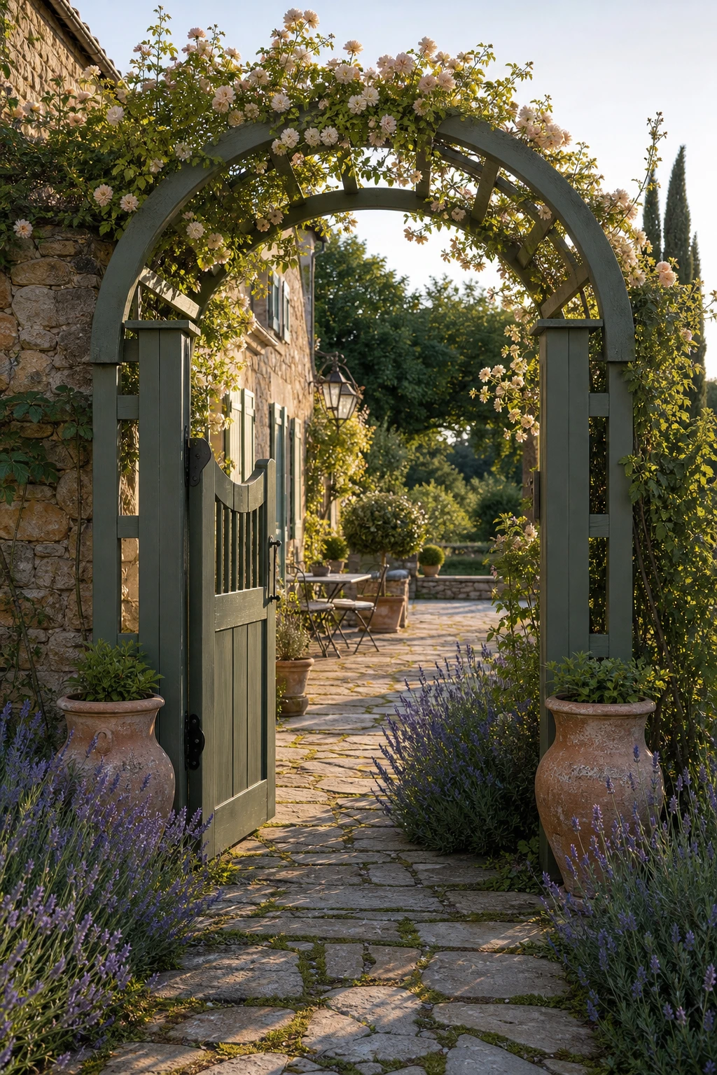 French country garden patio with a gated garden arbor painted Green Smoke, climbing roses, stone path, lavender borders, and warm afternoon light